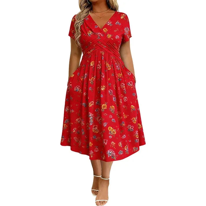 Women's Floral V-Neck Dress – Elegant Waist-Twist Design for Any Occasion