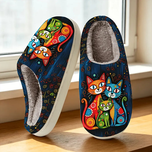 🔥Last Day 50% OFF - Funny Cat Lovers Winter Slippers — Cute Artistic Fleece-Lined Shoes, Wide Fit Cozy Non-Slip