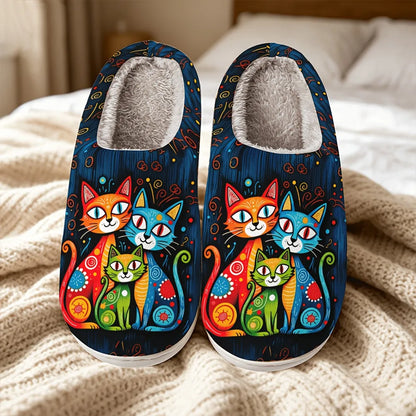🔥Last Day 50% OFF - Funny Cat Lovers Winter Slippers — Cute Artistic Fleece-Lined Shoes, Wide Fit Cozy Non-Slip