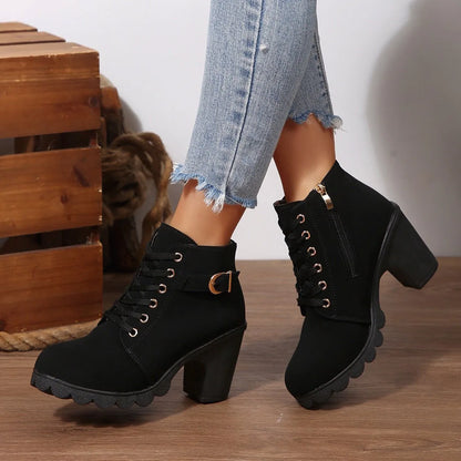 Women's Chunky Heel Leather Ankle Boots - Wide Fit, Cushioned Arch Support