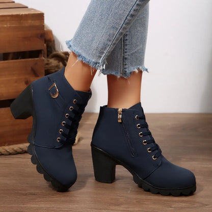 Women's Chunky Heel Leather Ankle Boots - Wide Fit, Cushioned Arch Support