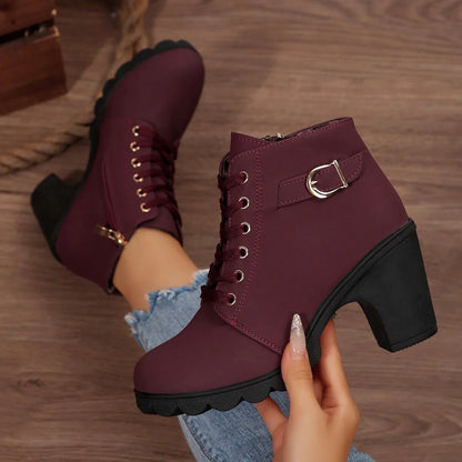 Women's Chunky Heel Leather Ankle Boots - Wide Fit, Cushioned Arch Support