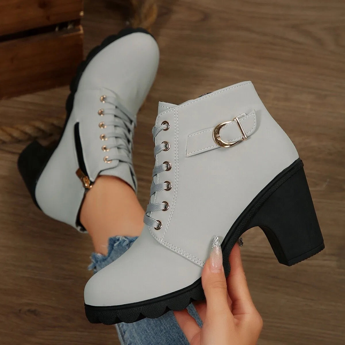Women's Chunky Heel Leather Ankle Boots - Wide Fit, Cushioned Arch Support