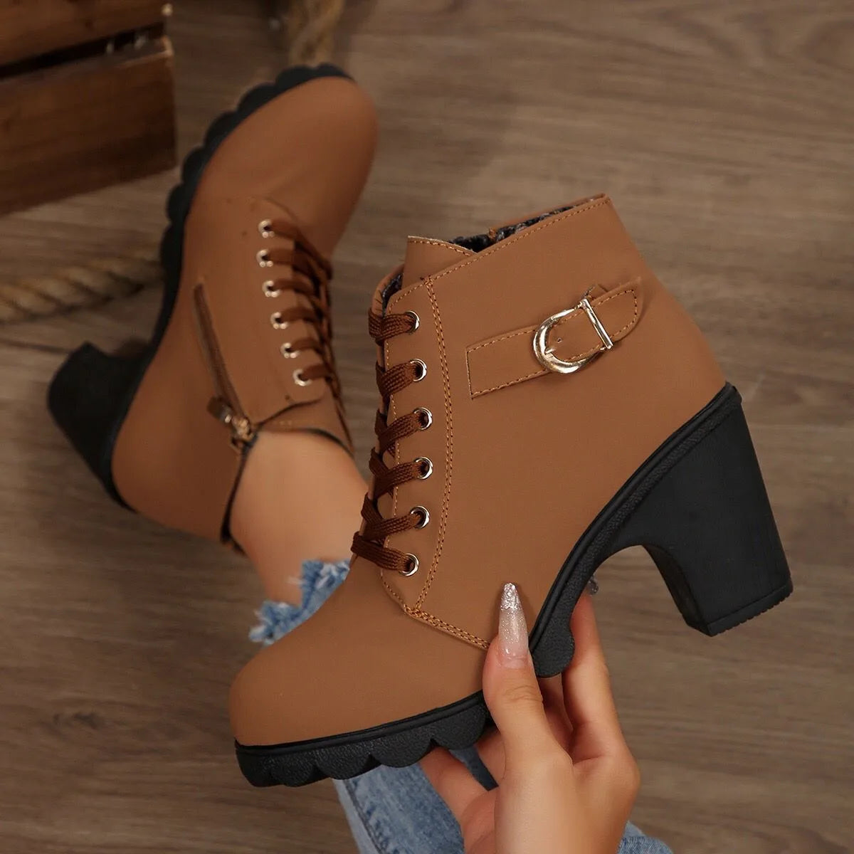 Women's Chunky Heel Leather Ankle Boots - Wide Fit, Cushioned Arch Support