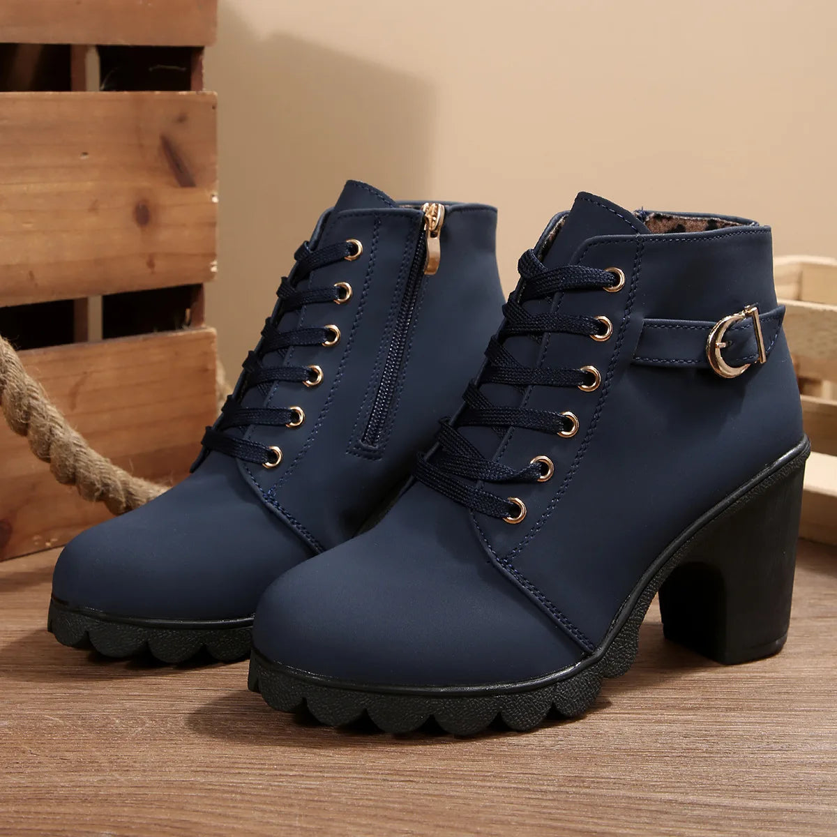 Women's Chunky Heel Leather Ankle Boots - Wide Fit, Cushioned Arch Support
