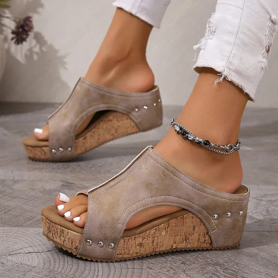 Women's Casual Soft Wood Heel Wedge Mules