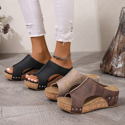 Women's Casual Soft Wood Heel Wedge Mules