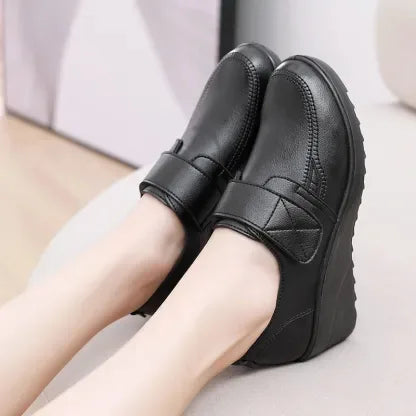 Women's Genuine Leather Comfort Wedge Shoes – Adjustable Velcro Strap & Arch Support