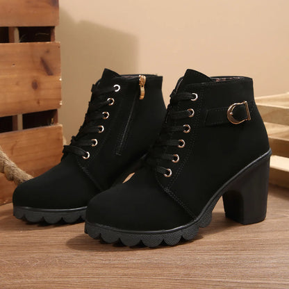 Women's Chunky Heel Leather Ankle Boots - Wide Fit, Cushioned Arch Support