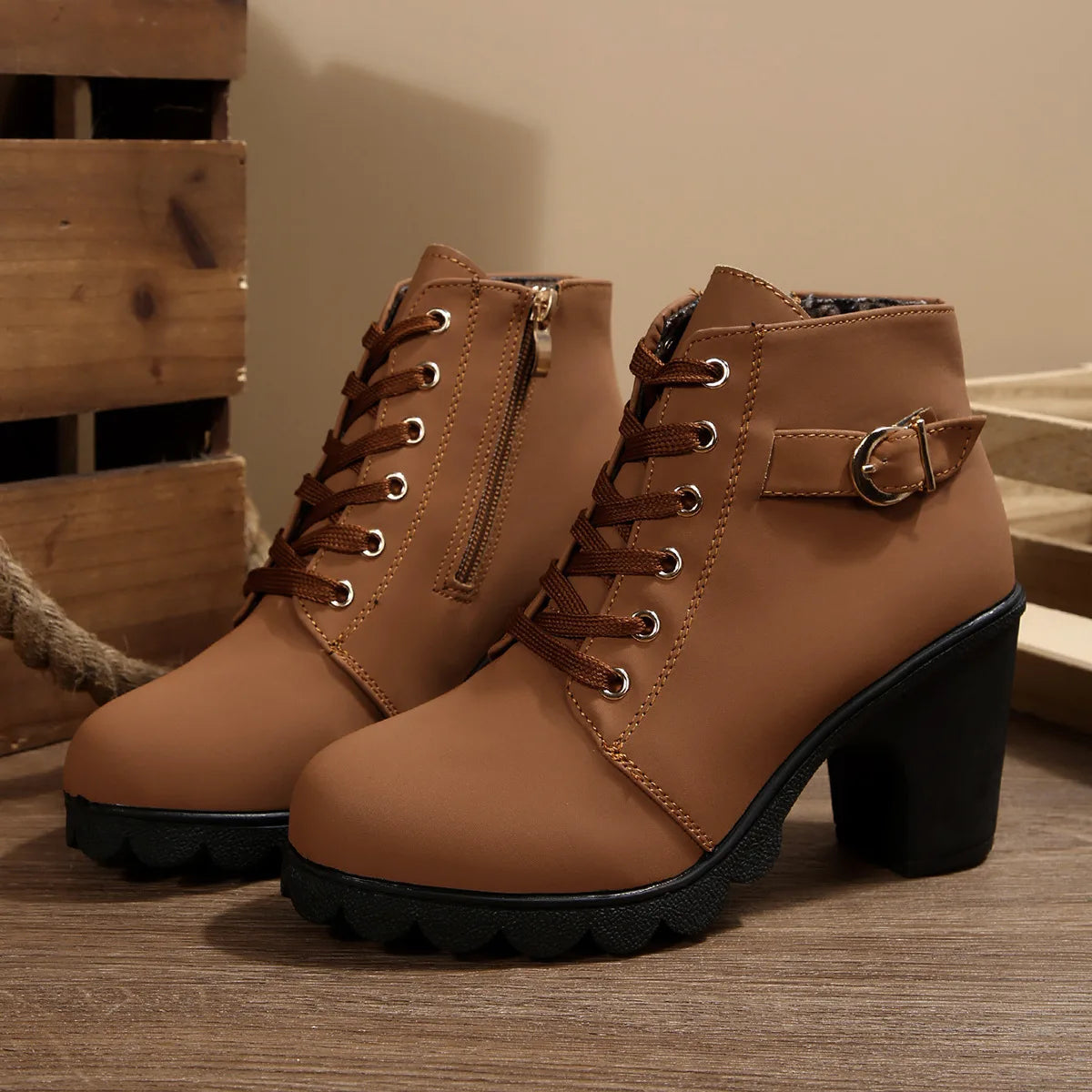 Women's Chunky Heel Leather Ankle Boots - Wide Fit, Cushioned Arch Support