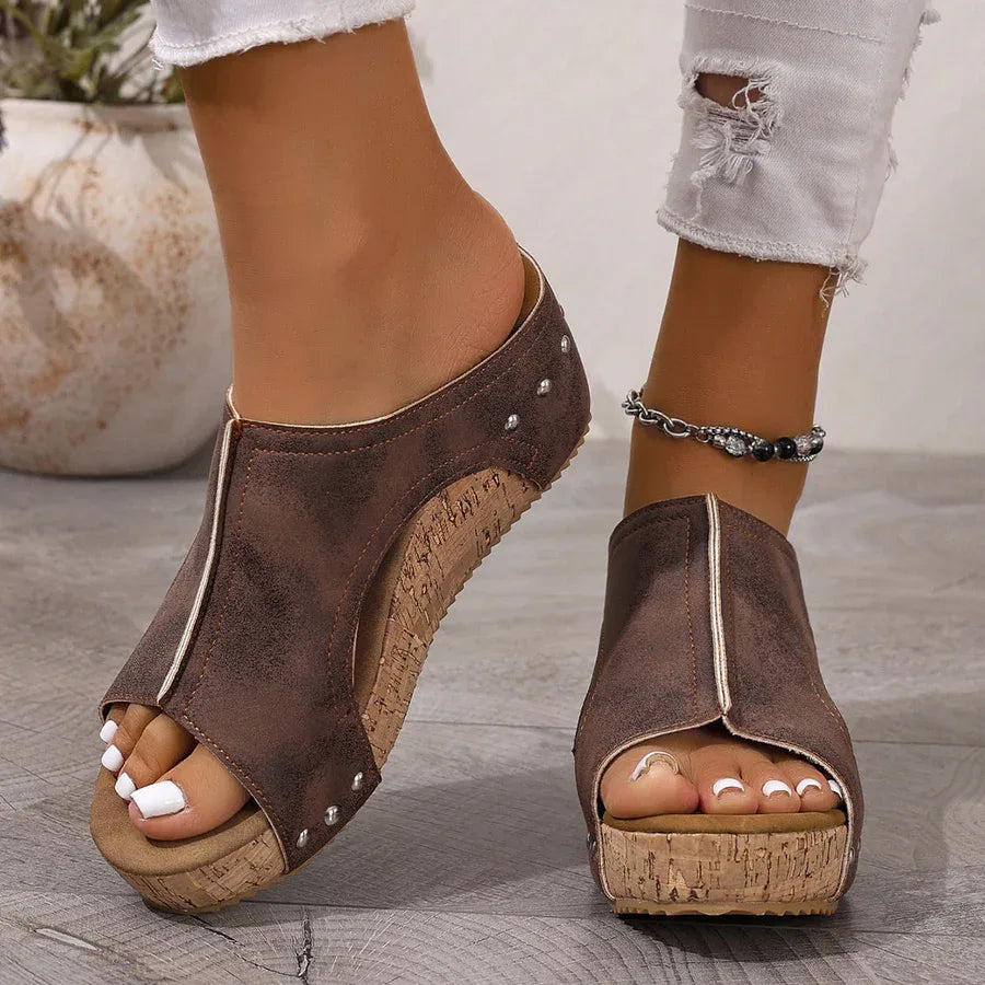 Women's Casual Soft Wood Heel Wedge Mules