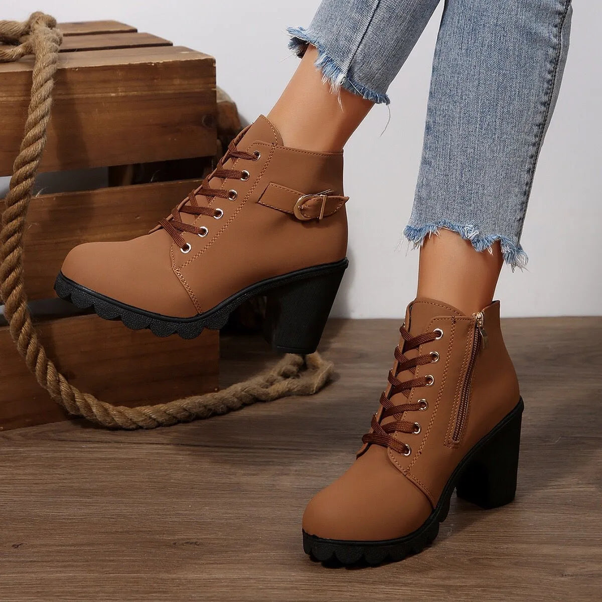 Women's Chunky Heel Leather Ankle Boots - Wide Fit, Cushioned Arch Support