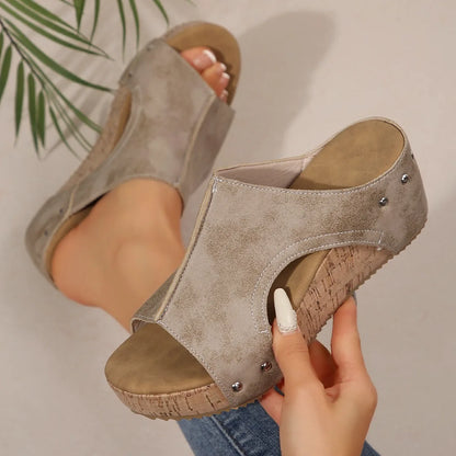 Women's Casual Soft Wood Heel Wedge Mules