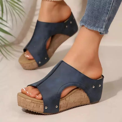 Women's Casual Soft Wood Heel Wedge Mules
