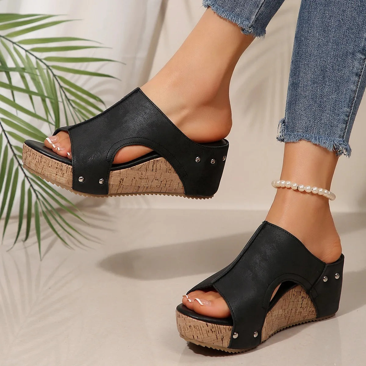 Women's Casual Soft Wood Heel Wedge Mules