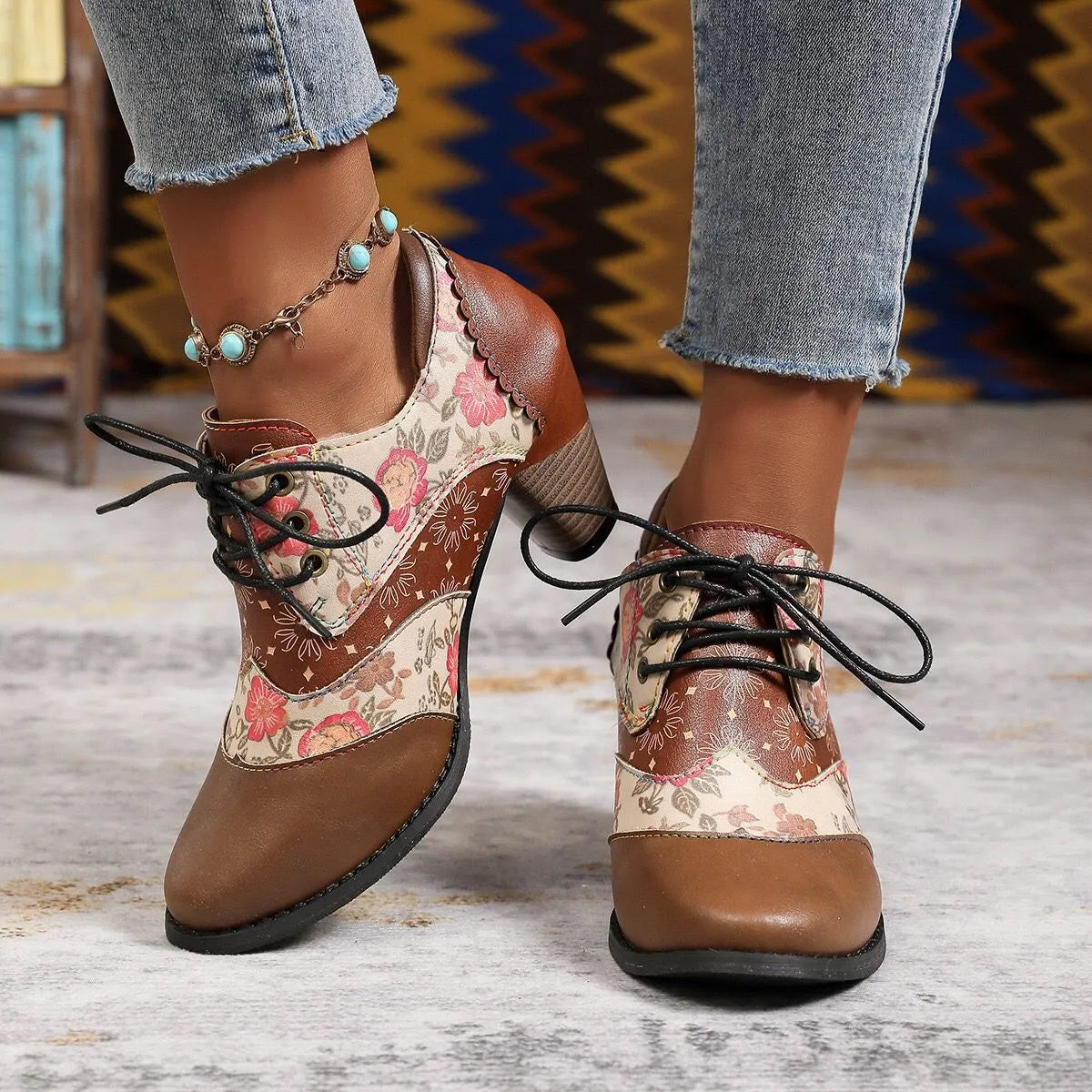 Ethnic-style block-heel ankle boots ( BUY 2 FREE SHIPPING )