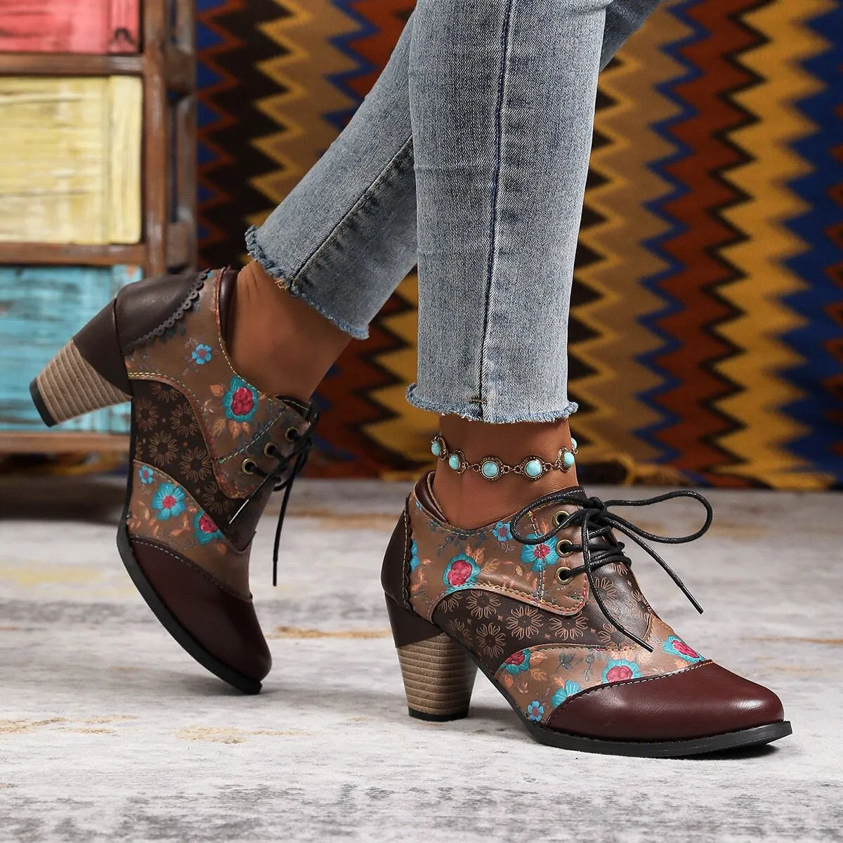 Ethnic-style block-heel ankle boots ( BUY 2 FREE SHIPPING )