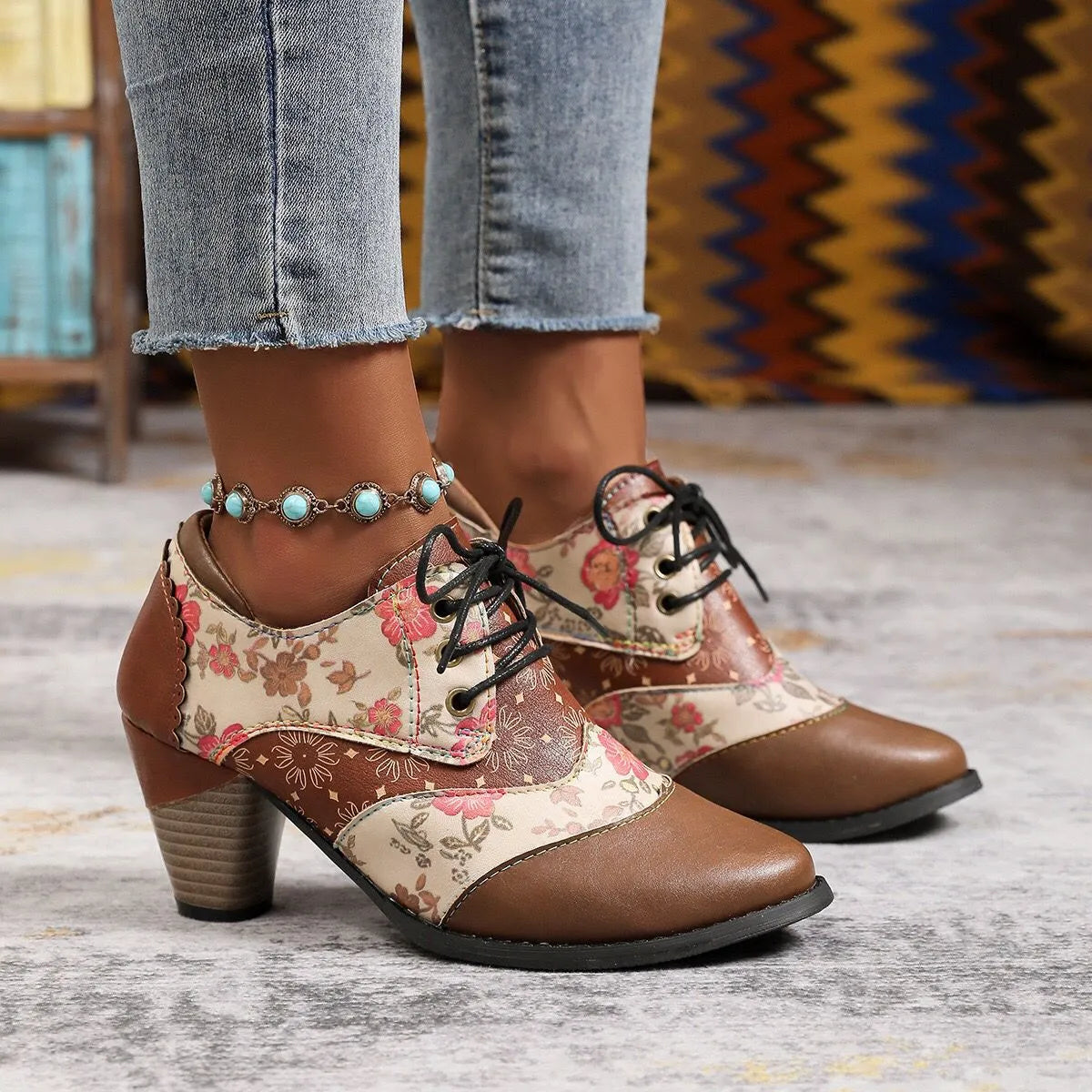Ethnic-style block-heel ankle boots ( BUY 2 FREE SHIPPING )