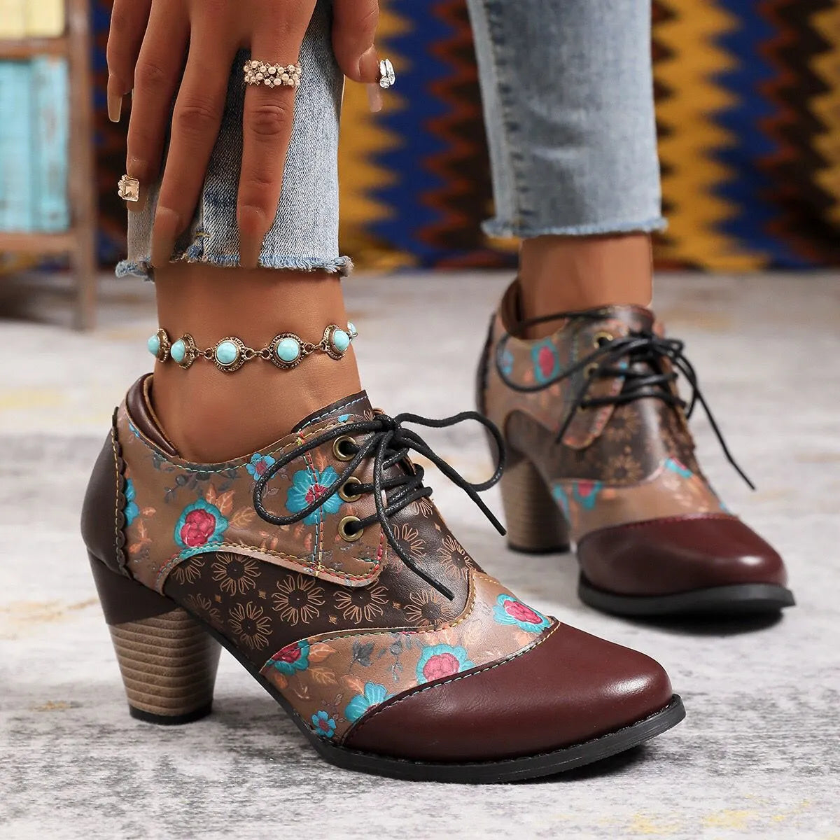 Ethnic-style block-heel ankle boots ( BUY 2 FREE SHIPPING )