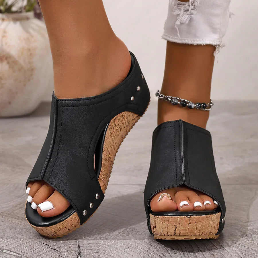 Women's Casual Soft Wood Heel Wedge Mules