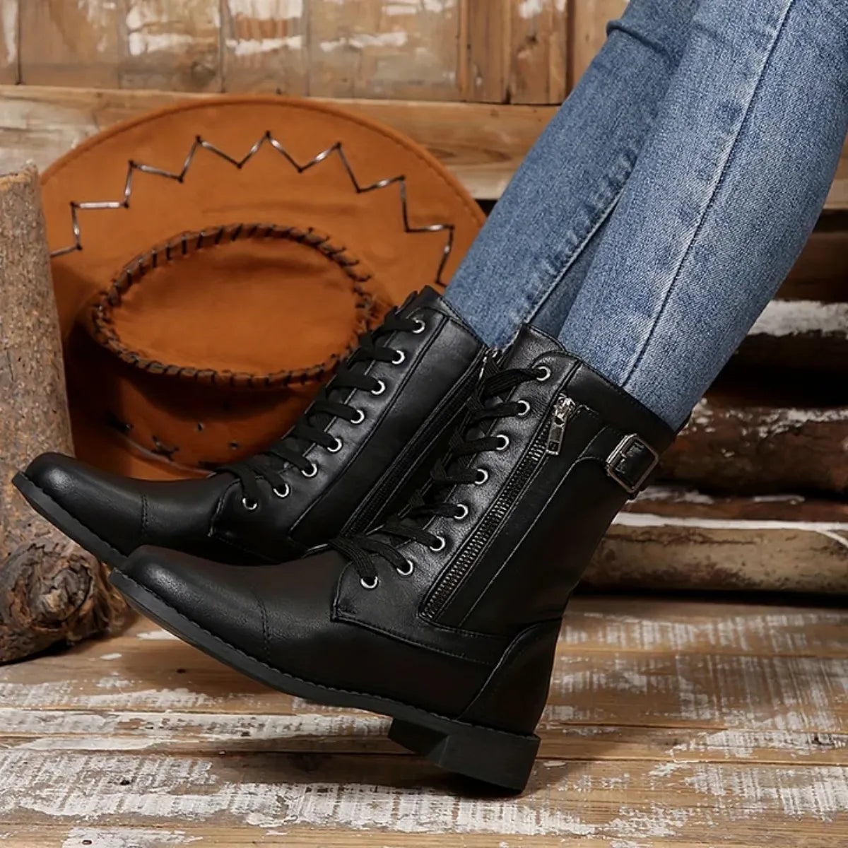 🔥Last Day 50% OFF - Women's Zipper Leather Boots - Wide Fit, Cushioned Sole Pain Relief Riding