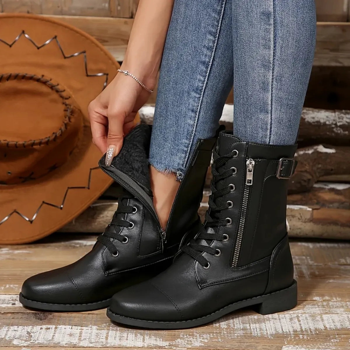 🔥Last Day 50% OFF - Women's Zipper Leather Boots - Wide Fit, Cushioned Sole Pain Relief Riding